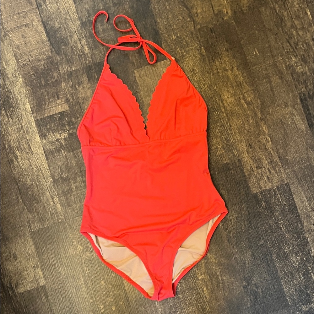 J. Crew Red Scalloped Halter One-Piece Swimsuit